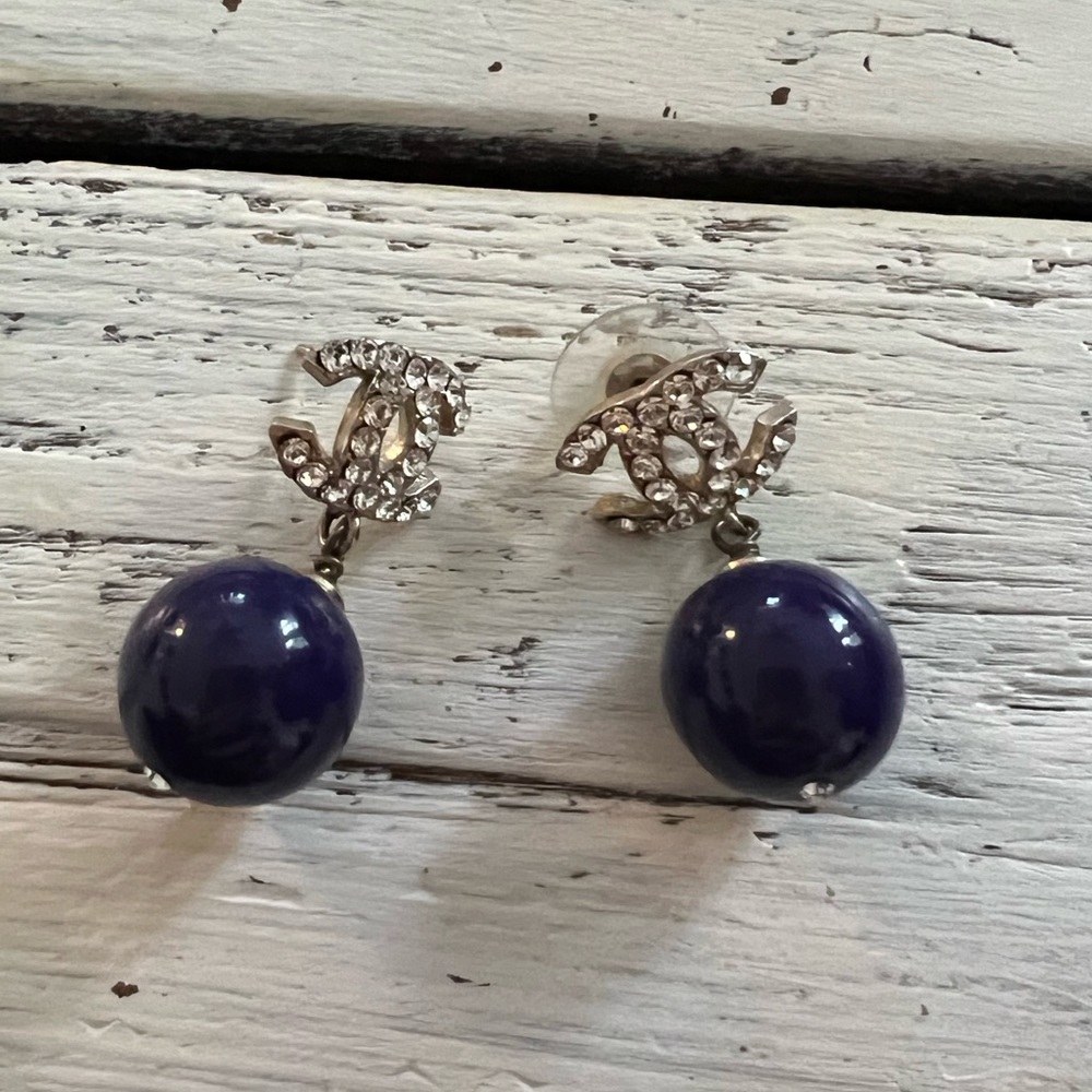 Blue Crystal Silver Cc Logo Stone Swarovski Dangle Drop Pearl Ball 07a Earrings